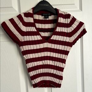 August Silk Striped Red and Cream Knit Short Sleeve V Neck Super Stretchy Top